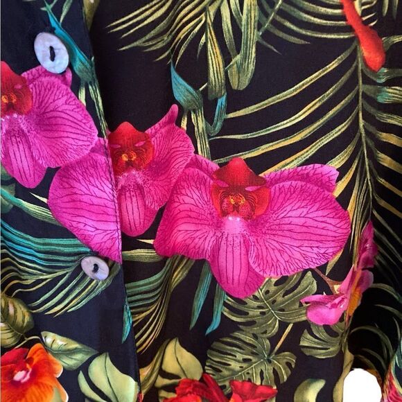 Clio Sz 10 Vintage Black Vibrant Orchid Tropical Button Top Pencil Skirt Set - Picture 8 of 11